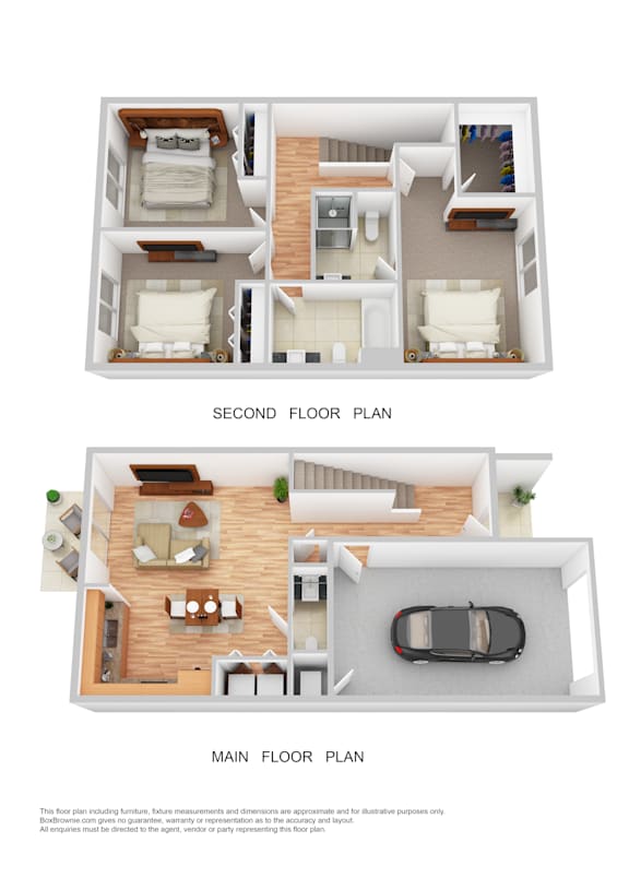 Floor Plan  A floor plan of a two-story house with a car parked in the garage.